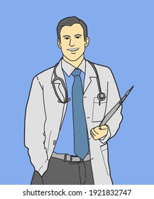 Healthcare doctor man Covid19, coronavirus concept. Hand drawn style vector design illustration.