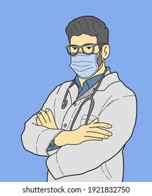 Healthcare doctor man Covid19, coronavirus concept. Hand drawn style vector design illustration.