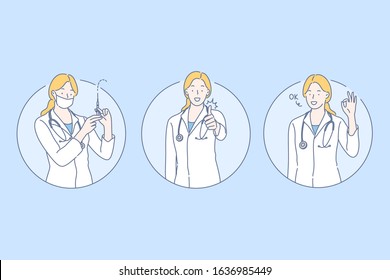 Healthcare, doctor set concept. Young woman doctor does vaccination, using syringe. Happy girl nurse with stethoscope shows like sign. Cheerful medical worker shows ok sign. Simple flat vector