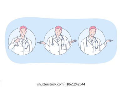 Healthcare, doctor showing signs, medicine concept. Young man doctor therapist in uniform cartoon character showing frustration, approving choice and pointing aside with hand vector illustration