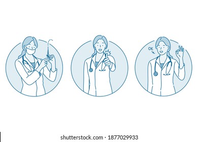 Healthcare, doctor showing signs, medicine concept. Young woman doctor in uniform cartoon character holding syringe and expressing good sign and right choice in vaccination with hands 