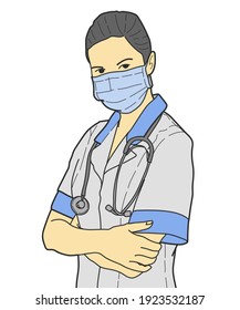 Healthcare doctor woman Covid19, coronavirus concept. Hand drawn style vector design illustration.