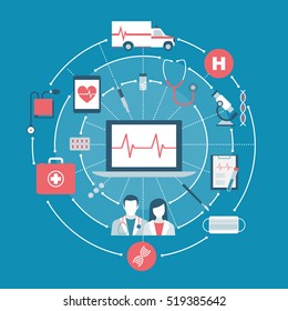 Healthcare, doctors, emergency and hospital concepts on a network with laptop at center