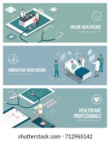 Healthcare, Doctors And Patients Banner Set With Isometric People And Objects