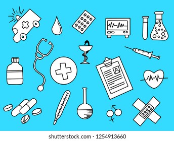 healthcare doodle black and white with blue background vector illustration