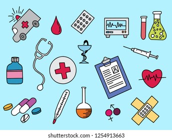 healthcare doodle with color colour full design hand drawn vector illustration