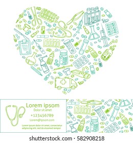 Healthcare doodles shaped in heart. Vector template