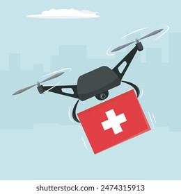 Healthcare drone delivery service. A drone carrying a red medkit box. Medkit delivery concept