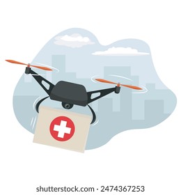 Healthcare drone delivery service. Drone carrying a medkit box. Medkit delivery concept