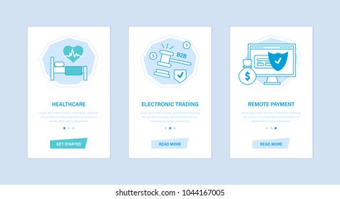 Healthcare, electronic trading, remote payment. User interfaces, screens from mobile devices, phones, smartphones. Design with buttons, text information. Screens template for mobile apps.
