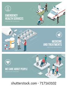 Healthcare, emergency service, medicine and caregiving banners set with isometric people