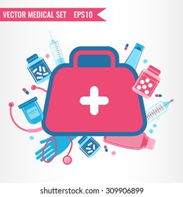 Healthcare Equipment, Medical Bag With Tools. Modern Vector Illustration Concept.