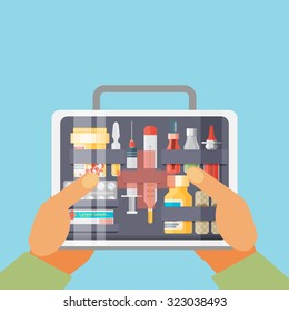 Healthcare equipment, medical bag with tools. Modern vector illustration concept.