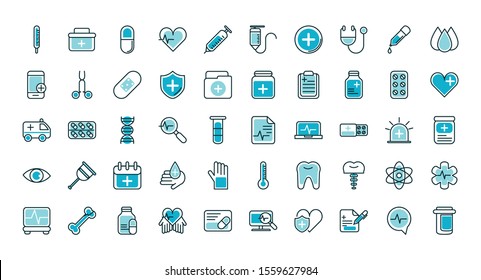 Healthcare Equipment Medical Icons Set Line Fill Vector Illustration