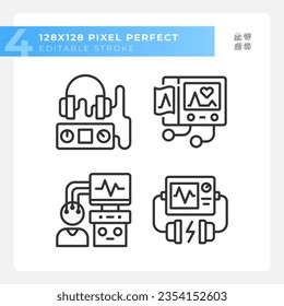 Healthcare equipment pixel perfect linear icons set. Hospital machines. Medical occupation. Patient care. Customizable thin line symbols. Isolated vector outline illustrations. Editable stroke