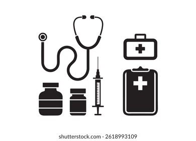 Healthcare Equipment Vector Icons – Black and White Medical Clipart