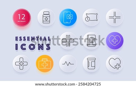 Healthcare essentials set icon. Medication, telemedicine, sleep tracking, medical cross, healthcare book, first aid, heart health, emergency, pharmacy, pulse monitoring