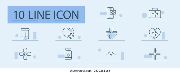 Healthcare essentials set icon. Mobile health, medicine bottle, first aid, heartbeat, cross, health kit, vial, heartbeat monitor, cross design