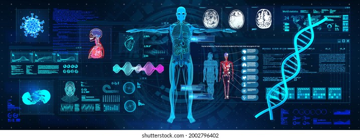 Healthcare Examination With HUD Interface. Full Scan And Examination Of The Human Body And Organs. DNA Indications, Cardiogram, Body X-ray, Brain, Heart. Medical HUD. 3D Human Body Research. Vector