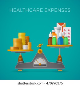 Healthcare expenses with balance scales concept in flat style