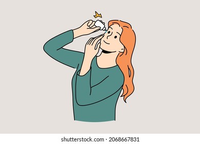 Healthcare and eyes hygiene concept. Young smiling woman cartoon character standing putting medical drops to eyes vector illustration 