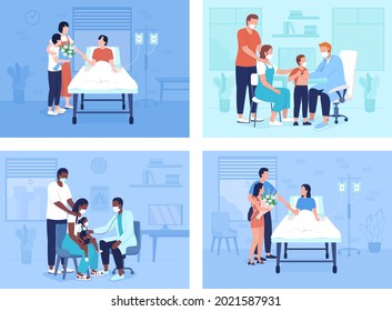 Healthcare facilities flat color vector illustrations set. Diagnostic, treatment services. Providing health care for patients 2D cartoon characters collection with hospital environment on background