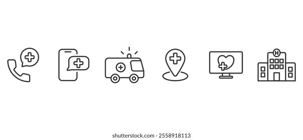 Healthcare facility icons in line style, healthcare icons, Medicine and Healthcare line icons set in transparent background. Editable stroke.