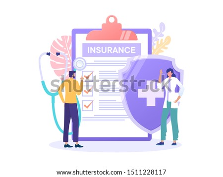 Healthcare family insurance vector illustration concept, people with doctor fill health form insurance, with big shield 
can use for, landing page, template, ui, web, mobile app, poster, banner, flyer