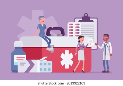 Healthcare female administrator managing doctor staff, hospital community and personnel. Clinic manager busy to organize, control and coordinate service, giant medical kit, drugs. Vector illustration