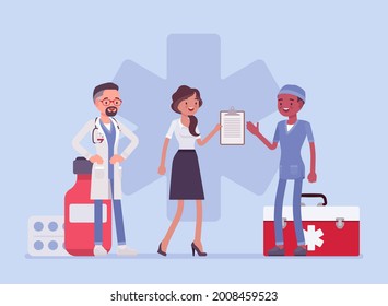 Healthcare female administrator managing doctors, monitoring hospital. Clinic assistant busy check health record, organize schedule and appointments, star of life medical symbol. Vector illustration