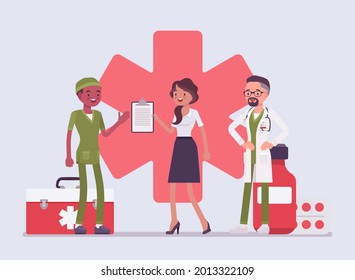 Healthcare female administrator managing doctors, monitoring hospital. Clinic assistant busy check health record, organize schedule and appointments, star of life medical symbol. Vector illustration