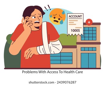 Healthcare Financial Woes. A worried individual faces high medical costs, depicting the struggle with healthcare affordability. Flat vector illustration.