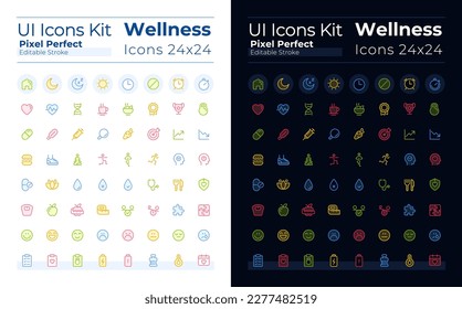 Healthcare and fitness pixel perfect glass morphism ui icons set for dark, light mode. GUI, UX design. Vector isolated pictograms with transparency. Editable stroke. Montserrat Bold, Light fonts used