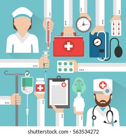 Healthcare flat design card with doctor and nurse .Vector illustration