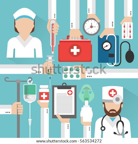 Healthcare flat design card with doctor and nurse .Vector illustration