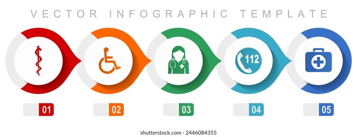 Healthcare flat design infographic template, miscellaneous symbols such as cadyceus, first aid, doctor, emergency call and wheelchair, vector icons collection