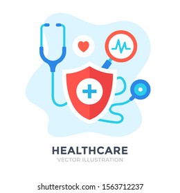 Healthcare. Flat design. Medical care, medicine, health insurance, hospital concepts. Vector illustration