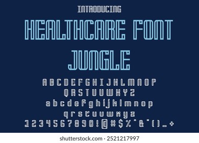Healthcare Font JUNGLE, perfeito para tipografia. Vetor elegante logotipo Health Care. Fonte criativa moderna. Letras e números do alfabeto artístico. SHOTLISThealth, SSTKHealthcare