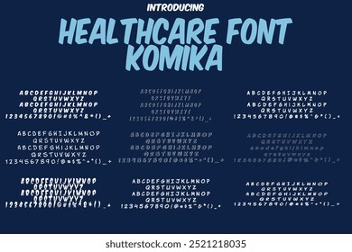 Healthcare Font KOMIKA, perfect for typography. Multiple typeface. Vector stylish Logo Health Care. Modern creative Font. Artistic Alphabet Letters, and Numbers. SHOTLISThealth, SSTKHealthcare