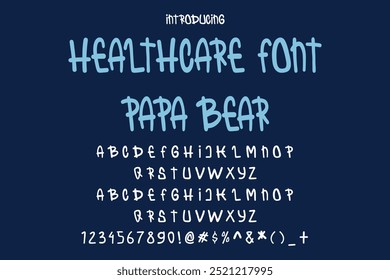 Healthcare Font PAPA BEAR, perfekt für Typografie. Vektor stylische Logo Health Care. Moderne kreative Schrift. Künstlerische Alphabet Buchstaben, und Zahlen. SHOTLISThealth, SSTKHealthcare