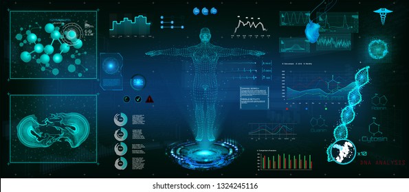 Healthcare futuristic examination in HUD style. DNA formula and molecular structure Human body.  Body hologram, futuristic design. Sci infographic. Virtual graphic touch HUD display with illustration