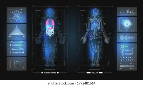 Healthcare futuristic examination in HUD style. Human cloning concept. Innovation technology in medicine. HUD, GUI, UI, dashboard element ui medical examination.