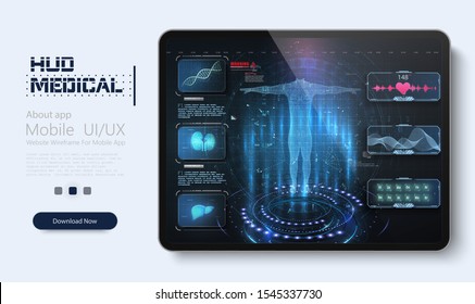 
Healthcare futuristic scanning in HUD style. Ultrasound and cardiogram. Futuristic Medical Interface, virtual graphic touch UI/UX. Medical screening with medical application on tablet. HUD / GUI
