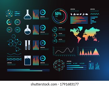 Healthcare futuristic scanning in HUD style design for Human body organs and brain scan with pictures. Hi-tech elements. Virtual graphic touch HUD UI with illustration of  data chart.