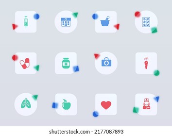 healthcare glass morphism trendy style icons. healthcare transparent glass color vector icon with color figures. for web and ui design, mobile apps and promo business advertising