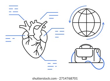 Salud, globalización, trabajo remoto, comunicación digital, innovación médica, negocios. Arte lineal de un corazón humano, globo terráqueo y maletín. Concepto de conexión de salud y globalización