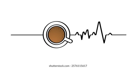 Healthcare, good heartbeat before and after coffee time. Coffee cup or mug line. Charge of strength from a drunk cup of coffee. Energy boost after coffee break. 