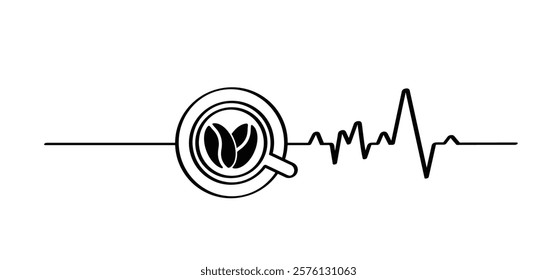 Healthcare, good heartbeat before and after coffee time. Coffee cup or mug line. Charge of strength from a drunk cup of coffee. Energy boost after coffee break. 