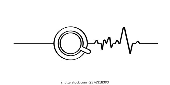 Healthcare, good heartbeat before and after coffee time. Coffee cup or mug line. Charge of strength from a drunk cup of coffee. Energy boost after coffee break. 