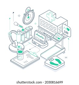 Healthcare - Green And Black Isometric Line Illustration